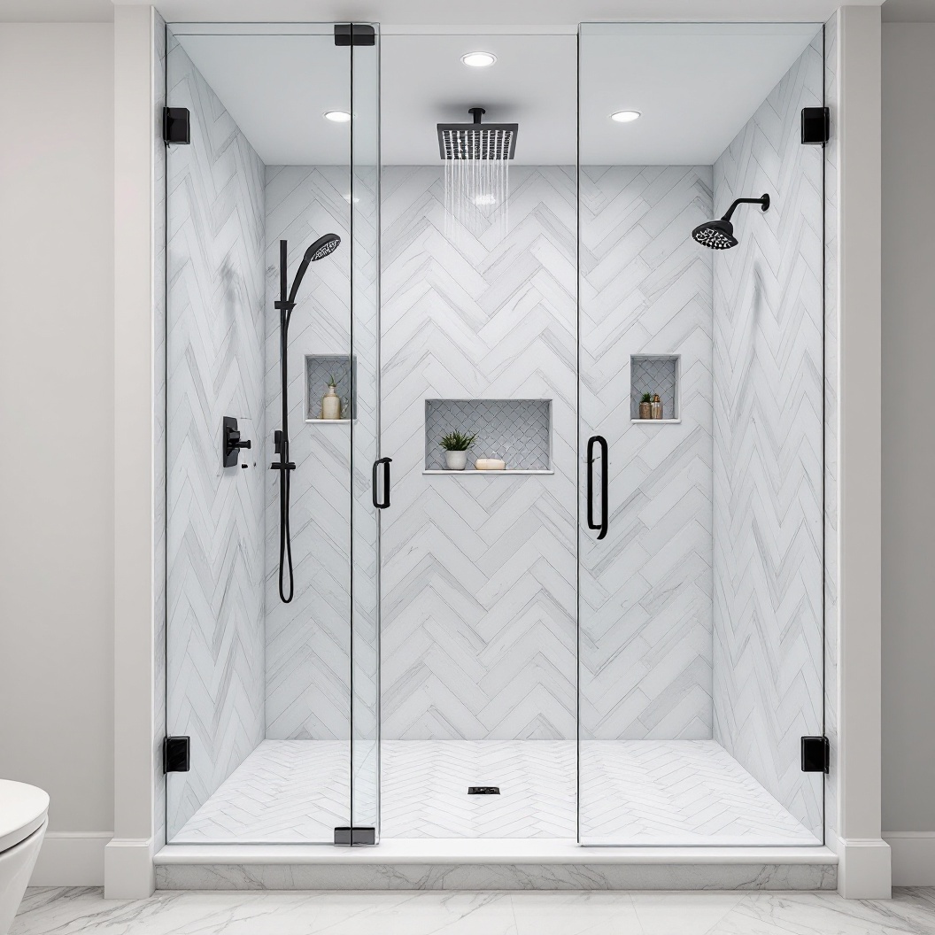 Frameless glass walk-in shower with marble tile